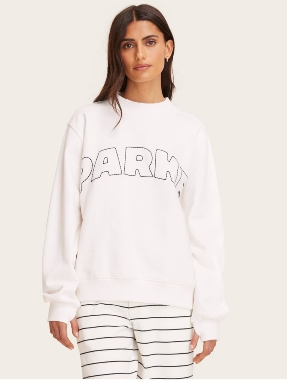 NWT PARKE X TARGET L/ XL Relaxed Off-White Crewneck Sweatshirt with blue Stitch